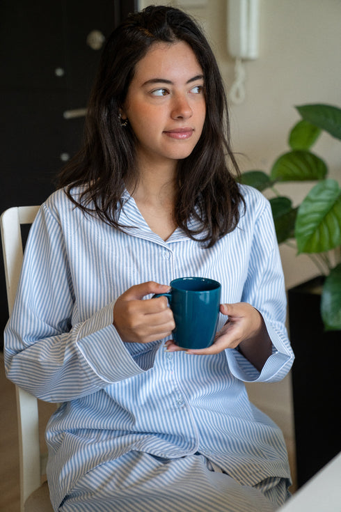 Women summer pajama set Light Blue Stripes Buttoned shirt + Pants